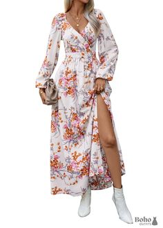 This dress combines style and comfort, making it a versatile choice for any fashion-forward woman. The dress boasts a beautiful boho floral print rose dress pattern, featuring delicate roses that add a romantic flair. The soft and feminine floral design makes this dress ideal for various occasions, from casual outings to more formal events. The A-line silhouette of this Boho dress flatters all body types, accentuating the waist and flowing gracefully over the hips. The mid-length cut offers a so Chic Ditsy Floral Print Dress, Chic Ditsy Floral Print Maxi Dress, Chic Maxi Floral Dress With Ditsy Print, Feminine Floral Print Maxi Dress For Day Out, Feminine Floral V-neck Dress For Day Out, Feminine Floral Print Maxi Dress For Brunch, Chic Rose Print Maxi Dress, Feminine Floral Maxi Dress For Brunch, Chic Maxi Dress With Rose Print