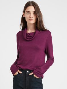 LUXESPUN: Our coziest knit, Luxespun fabric is sweater-soft, stretchy and just a little heavier than a t-shirt.  EASY FIT: Not-too-tight, not-too-loose this top is tailored through the chest, and straight through the waist.  Cowl neck.  Straight hem.  Semi-fitted.  Long sleeves.  Hip length.  Body length (size S): Petite 22. 5", Regular 24" Sleeve length from center back: Petite 29", Regular 31" Model: Size XS, 5'10" (178cm). Snug Knit Top For Loungewear, Snug Tops For Fall Loungewear, Snug Tops For Loungewear In Fall, Fall Layering T-shirt, Solid Color T-shirt For Fall Layering, Fall Layering Solid Color T-shirt, Solid Color T-shirt For Layering In Fall, Soft Crew Neck Top For Fall, Crew Neck Tops With Soft Texture For Fall