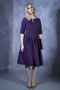 Dark Purple Dress Pleated Dress Formal Clothing Women Pleated Full Skirt Midi Dress For Work, Purple Pleated A-line Dress, Elegant Pleated Half Sleeve Dress, Fitted Half Sleeve Pleated Dress, Fitted Knee-length Midi Dress With Accordion Pleats, Fitted Purple Pleated Midi Dress, Purple Pleated Dress With Short Sleeves, Elegant Purple Dress With Full Skirt, Half Sleeve Pleated Dress For Work