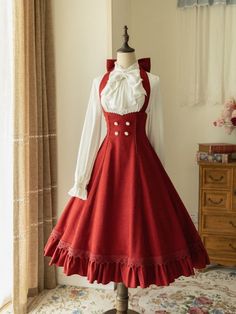 [$69.50]Red Bigbow Halter Neck Underbust 1950s Vintage Dress Gaun Abad Pertengahan, Ribbon Blouse, Neck Ribbon, Old Fashion Dresses, Jumper Skirt, Bow Blouse, Sling Dress, Vestidos Vintage, Mori Girl