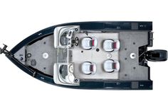 an overhead view of a boat with several seats on the front and center consoles