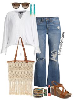 Plus Size Spring Boho Outfit with Walmart - Alexa Webb Boho Spring Outfits Plus Size, Boho Plus Size Outfits, Spring Outfits Boho, Realistic Fashion, Stylish Spring Outfit, Boho Ideas, Women's Plus Size Jeans, Boho Plus Size