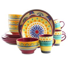 an assortment of colorful dishes and cups