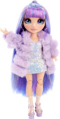 a doll with purple hair and blue eyes wearing a fur coat over her shoulders,