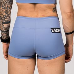 Booty Shorts - Periwinkle Blue Fitted Solid Color Squat Proof Shorts, Squat Proof Solid Athletic Shorts, Squat Proof Sporty Shorts, Solid Squat Proof Workout Shorts, Cheerleading Athleisure Shorts, Solid Squat Proof Athletic Shorts For Gym, Squat Proof Solid Shorts, Squat Proof High-waisted Sports Shorts, Sporty Squat Proof Shorts