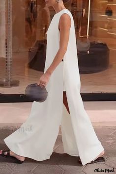 Olivia Mark - Chic Sleeveless Dresses with O-Neck and Button Detailing Look Com Short, Sara Dress, Long Tunic Dress, Split Long Dress, Loose Maxi Dress, Dress Women Elegant, Split Maxi Dress, Mini Robes, Split Dress