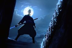 a man holding two swords standing in front of a full moon with the sky behind him