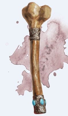 an old hammer with two turquoise stones on it's end, in front of a pink background