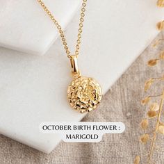 October Birth Flower Necklace : Gold Plated Sterling Silver Marigold Necklace  Personalised Birthday Gift for Her - October Birthday Gift Idea Each month of the year is associated with a special flower. October's flower is the marigold. As October's birth flower, the marigold holds special meaning for individuals born in this month. The marigold is said to represent a stubborn determination to succeed and is associated with the qualities of being passionate and creative. Made from gold plated st