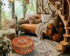 a living room filled with lots of furniture and decor on top of a carpeted floor