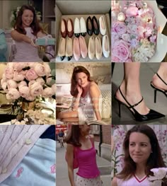 a collage of photos with flowers and shoes