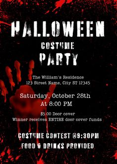 a halloween party flyer with blood splattered on it