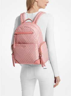 Prescott Large Signature Logo Print Woven Backpack | Michael Kors Casual Michael Kors Backpack With Zipper Closure, Modern Michael Kors Backpack, Michael Kors Casual Backpack, Casual Michael Kors Standard Backpack, Michael Kors Casual Backpack With Zipper Closure, Pink Michael Kors Backpack For Travel, Modern Michael Kors Standard Backpack, Michael Kors Modern Standard Backpack, Designer Michael Kors Backpack With Zipper Closure