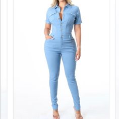 Haute Monde Black Lightweight Denim Short Sleeve Jumpsuit Light Blue Color Out Of Stock Black Only Button Down Front Pockets On The Chest Buckle Loops Skinny Leg Brand New Boutique Lots Of Stretch Fitted Overalls With Button Closure, Suede Jumpsuit, Striped Flare Pants, Mesh Romper, Brown Jumpsuits, Black Lace Romper, Short Sleeve Jumpsuit, Cami Romper, Off Shoulder Romper