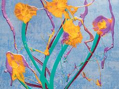 a painting of yellow and purple flowers on a blue background