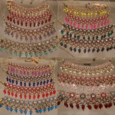 Handcrafted with love to give a real traditional look for this set beautifully studded with polki stones and pearls give a royal look. Includes: Choker, Tikka, and Earrings Multicolor Kundan Temple Jewelry Sets, Party Sets With Meenakari And Kundan, Bollywood Jeweled Tikka For Festive Occasions, Traditional Jeweled Kundan Necklace, Festive Bollywood Jeweled Tikka, Festive Multicolor Bridal Sets With Stone Work, Traditional Kundan Necklace For Party With Stone Work, Navratri Multicolor Kundan Jewelry Sets, Traditional Kundan Necklace With Meenakari For Party