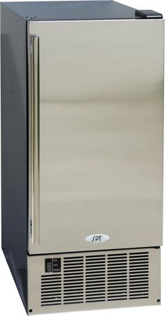 a stainless steel refrigerator freezer sitting on top of a white surface with the door open