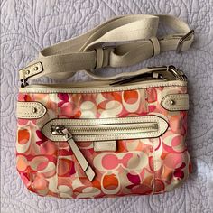 Coach Crossbody/Shoulder Bag Colorful Signature Coach Design Has Pockets Outside & Inside Never Worn! Completely New! No Stains!! Spring Coach Shoulder Bag With Adjustable Strap, Coach Shoulder Bag For Spring Travel, Spring Coach Shoulder Bag For Travel, Cream Coach Shoulder Bag With Zipper Closure, Coach Cream Shoulder Bag With Zipper Closure, Coach Cream Shoulder Bag, Coach Sierra, Brown Leather Satchel, Coach Crossbody Purse