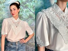 Vintage rare white blouse in embroidery and lace details. Fits size Medium. - Excellent condition - 67% viscose, 33% polyester - One-sided measurements: bust: 49cm, shoulders: 37cm, sleeves: 33cm, length: 68cm - Wash at or below 30oC Spring Daywear Blouse With Lace Sleeves, White Tops With Lace Collar, Spring Lace Sleeves Daywear Blouse, Spring Lace Sleeves Blouse For Daywear, Spring Blouse With Lace Sleeves For Daywear, Feminine Floral Embroidered Blouse With Collar, White Feminine Embroidered Short Sleeve Top, Feminine Embroidered White Tops, Elegant White Embroidered Short Sleeve Top