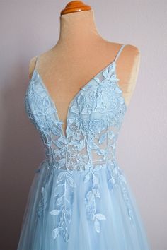 The princess light blue A-line long formal dress features spaghetti straps, v neck, lace appliques, and a lace-up back. SKU: 3075 Material: Tulle Lace-up back Ship in 7-10 business days Fully lined Built-in bra Size: US 2-16. We offer free returns in 7 days. Please refer to our return policy page for more details. If you have any questions, please get in touch with us at service@dressesforparty.com. Dresses Videos, Tulle Long Prom Dress, Sweep Train Prom Dress, Formal Prom Dresses Long, Prom Dresses With Pockets, Dream Prom, Long Formal Dress, Lace Prom Dress, Blue Tulle