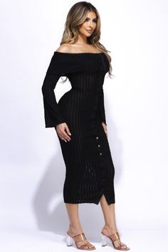 Step into a world of elegance with our "Flared Sleeve Off The Shoulder Black Midi Dress," your perfect companion for any upscale gathering. This versatile piece transitions seamlessly from a stylish cocktail midi dress to a chic wedding guest attire, making it an essential addition to your wardrobe. Crafted from a luxurious blend of 90% polyester and 10% spandex, this dress offers both comfort and a flattering silhouette. Key Features: High-Quality Material: Constructed with a durable and soft fabric blend that promises long-lasting wear and a comfortable fit. Elegant and Sophisticated Design: Features striking flared sleeves and an off-the-shoulder neckline, ideal for showcasing timeless style and grace. Versatile Styling: Perfect as a formal midi dress, it also doubles as a stunning even Spring Midi Length Evening Dress For Dinner, Elegant Fall Dress For Dinner, Elegant Dresses For Fall Dinner, Elegant Fall Dinner Dress, Fitted Midi Cocktail Dress For Fall, Fitted Midi Dress For Fall Cocktail Events, Fitted Cocktail Midi Dress For Fall, Elegant Off-shoulder Maxi Dress For Night Out, Elegant Mesh Midi Dress For Party