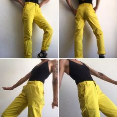 "Vintage pants Levi's LVC Big E Reedition 1990's Cotton chino pants in yellow color. Straight cut. Hook closure with zip. 7 belt loops. 2 front pockets, 2 buttoned back pockets. Tighter ankles with hamstitch. Red label on back waistband. Material: 100% cotton (no label) Condition: Vintage item in very good condition. To note: 3 small spots are present (photo). Price takes into account its flaws. Size: 28 Model wears usually a size S (36/38) and measures 170cm / 66.9\". Measures taken flat : Leng 90s Cotton Parachute Pants For Spring, 90s Cotton Straight Leg Parachute Pants, 90s Cotton Bottoms, 90s Style Cotton Long Pants, 90s Cotton Pants, Yellow Straight Leg Bottoms With Pockets, 90s Style Fitted Cotton Pants, Vintage Wide Leg Yellow Pants, Yellow Straight Pants With Pockets