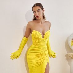 Fitted Sleeveless Gala Gown, Fitted Sleeveless Gown For Gala, Fitted Ruched Evening Dress For Gala, Fitted Sleeveless Evening Gown, Fitted Sleeveless Evening Dress For Gala, Sleeveless Fitted Gown For Gala, Glamorous Fitted Gown With Ruched Detail, Glamorous Fitted Ruched Gown, Yellow Fitted Evening Dress For Prom