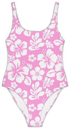 White Hawaiian Flowers on Pink One-Piece Swimsuit - Extremely Stoked Stretch Floral Print Swimwear For Surfing, Hawaiian Style Tropical Print Tankini For Swimming, Hawaiian Style Tankini With Tropical Print For Swimming, Beachy Swimwear With Floral Print And Stretch, Beachy Stretch Swimwear With Floral Print, Sleeveless Floral Print Tankini For Sunbathing, Pink Printed One-piece Swimwear, Fitted Tropical Floral Print One-piece, Summer White Tankini With Floral Print