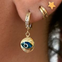 14k Yellow Gold Cz Round Blue Evil Eye Double Sides Dangling Earrings Size Is 2cm Item#Er1635-2.4. Blue Dangle Diamond Earrings For Gifts, Blue Diamond Dangle Earrings As Gift, Blue Diamond Dangle Earrings For Gifts, Blue Diamond Cut Earrings As A Gift, Elegant Blue 14k Gold Hoop Earrings, Blue Cubic Zirconia Hoop Earrings, Blue Fine Jewelry Huggie Earrings As Gift, Gold Evil Eye Drop Earrings, Blue Fine Jewelry Huggie Earrings For Gift