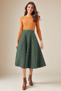 Plaid Wool Skirt, Midi Wool Skirt, A Line Skirt, Winter Skirt Women, Swing Skirt, Skirt With Pockets, Handmade Skirt, Ylistyle C3686 - Etsy Green Midi Skirt Bottoms For Winter, Retro A-line Winter Skirt, Retro Green A-line Skirt, Green Pleated Skirt For Fall, Green Midi Skirt For Fall, Green Lined Skirt For Fall, Green Winter Midi Skirt, Green Winter Maxi Skirt, Green Midi Skirt For Winter