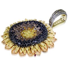 Exceptional one-of-a-kind and limited edition pieces allow the purest expression of Alex Soldier’s imagination and virtuosity. The limited edition Sunflower Pendant Enhancer displays his keen sense of color. Precisely placed to achieve a subtle degrade effect, the 11 carats of intense yellow, cognac, brown orange and black diamonds create a sunflower bloom that is stunningly lifelike in 18 karat yellow and rose gold, hand textured under microscope with unparalleled character and precision. The S Bohemian Yellow Jewelry With Sunflower Design, Elegant Sunflower Design Flower Pendant Jewelry, Adjustable Yellow Sunflower Design Jewelry, Yellow Sunflower Dangle Jewelry, Yellow Flower-shaped Jewelry With Sunflower Print, Sunflower Pendant, Sunflower Necklace, Art Necklaces, Rose Gold Diamonds