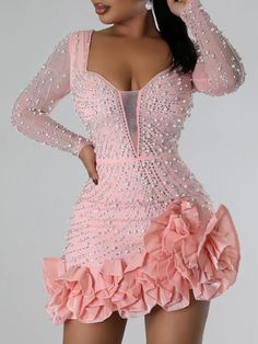 Party Dresses Beading Diamond Long Sleeves Ruffles for women Shiny Elegant Wedding Guest Female Gown Mini Ruffle Dress, Ruffle Bodycon, Party Mini Dress, Mini Dresses Online, Rhinestone Dress, Ruffle Mini Dress, Todays Outfit, Pink Mini Dresses, Mesh Panel