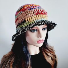 Brimmed Crochet Hat For Outdoor One Size, One Size Brimmed Crochet Hat For Outdoor, Outdoor Curved Brim Crochet Hat, Multicolor Adjustable Cozy Hat, Cozy Adjustable Multicolor Hats, Cozy Multicolor Adjustable Hats, Outdoor Crochet Yarn Bucket Hat, Outdoor Yarn Crochet Bucket Hat, Outdoor Crochet Bucket Hat