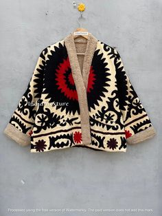 Suzani Embroidery Winterwear Jacket Womens Coat Quilted Jacket Ethnic Unisex Coat, Suzani Short Quilted Jacket - Etsy Traditional Patchwork Winter Outerwear, Traditional Winter Patchwork Outerwear, Traditional Winter Outerwear With Stand Collar, Traditional Stand Collar Winter Outerwear, Folk Long Sleeve Kimono For Fall, Folk Style Long Sleeve Kimono For Fall, Embroidered Multicolor Kimono For Winter, Winter Multicolor Embroidered Kimono, Embroidered Multicolor Winter Kimono