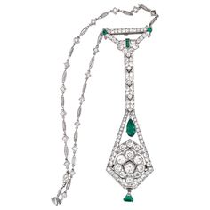 A beautiful and unique watch pendant on a chain. Originally a lapel watch from Art Deco period, converted into a pendant necklace. The watch on reverse is of manual movement, with leaf blued steel hands and Arabic numerals. Old European-cut diamonds weighing approximately 22.00 carats total. Mixed-shape emeralds. The metal is platinum. Weight of the necklace is 33.85 grams. The chain is 13.63 inches long. The watch is 4.25 inches long. Diamond Necklace Long, Heart Shaped Diamond Pendant, Art Deco Pendant Necklace, Platinum Pendant, Watch Pendant, Necklace Art Deco, Platinum Chain, Necklace Art, Art Deco Pendant