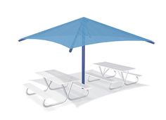 an umbrella and picnic tables on a white background