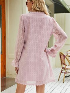 Casual Long Sleeve Solid Color Lace Chiffon V-neck Dress Chic Fitted Chiffon V-neck Dress, Chic V-neck Chiffon Dress For Date Night, Chic Pink V-neck Chiffon Dress, Elegant V-neck Chiffon Mini Dress, Elegant Chiffon V-neck Mini Dress, Feminine V-neck Chiffon Dress For Brunch, Elegant Spring V-neck Chiffon Dress, Fitted Sheer V-neck Chiffon Dress, Chic Chiffon V-neck Midi Dress