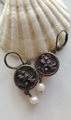 Victorian Earrings Antique Button Jewelry Antique Button - Etsy Victorian Wedding Earrings With Antique Finish, Victorian Style Pearl Earrings As Gift, Victorian Round Pearl Earrings As Gift, Vintage Pearl Earrings Gift, Vintage Pearl Earrings For Gifts, Handmade Victorian Pearl Earrings For Gifts, Antique Bronze Round Earrings, Vintage Handmade Earrings For Anniversary, Victorian Earrings With Antique Finish