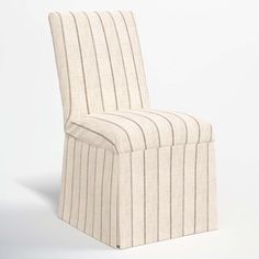 an upholstered chair with vertical stripes on the back and sides, facing forward