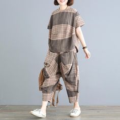 Babakud Casual Loose Plaid Ruched Wide Leg Set 2019 July New One Size Gray Cotton Casual Pants, Pakistani Fashion Casual, Neck Crop Top, Fashion Design Clothes, Casual Trousers, Plaid Tops, Casual Sets, Trouser Suits, Shirt And Pants