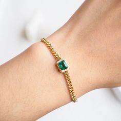 Cuban Gold Chain,Emerald Bracelet With Diamond, 18k Solid Gold Bracelet, Simple Emerald Bracelet,Statement Bracelet Gift For Her Bracelet For Women  (in stock) - Metal: 18K Yellow Gold - Custom Color: Rose Gold, Yellow Gold, and White Gold  - Gross weight: 4.04g - Gold Weight: 3.87g - Gemstones: Emerald,Diamond - Emerald CTW: 0.740 (1pcs) - Diamond CTW: 0.082 (22pcs) - Bracelet length: 6.75 inches Elegant Cuban Link Bracelet With 17 Jewels For Gift, Green Gold-plated Bracelet For May Birthstone, Luxury Emerald Tennis Bracelet Gift, Green Jubilee Gold Bracelet For Formal Occasions, Formal Green Gold Jubilee Bracelet, Fine Jewelry Gold Bracelets With Jewels, Fine Jewelry Gold Chain Bracelet With Gemstone, Luxury Emerald Tennis Bracelet As Gift, Elegant Gold Plated Bracelets For May Birthstone