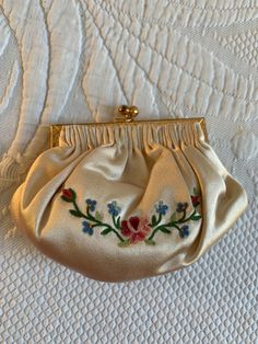 "Vintage White Silk Petit Point Embroidered Coin Purse with Silk Lining. Lovely Little Purse with Twist Snap Latch. Made in France. This little coin purse is in good shape. It looks like it was never used and it is very beautiful! Size: 4 3/4\" X 3 1/2\"  For other vintage items see: www.VeryVictorianStudio.etsy.com. For sewing related items see my other shop: www.SewingRoomStore.etsy.com. Thank you for looking!" Vintage Coin Purse, Etsy.com Etsy, Thrifted Purses, Vintage White Embroidered Bags, Vintage Clutch Coin Purse, Compact Vintage Gold Coin Purse, Vintage Gold Compact Coin Purse, Handmade Compact Vintage Coin Purse, Cute Coin Purse