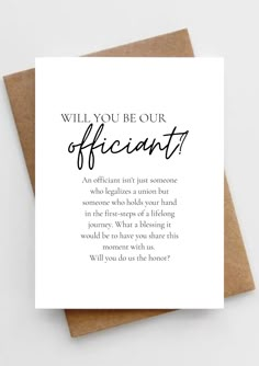 a card with the words will you be our official? on it, and an image of