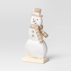 a snowman with a hat and scarf on it's head is standing upright