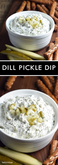 dill pickle dip in a white bowl with pretzels on the side