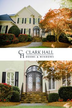 two doors and windows in front of a house with trees on either side of the door