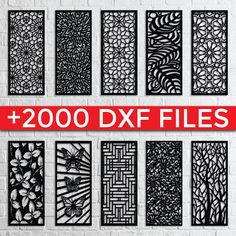 20 laser cut paper designs with the words 200 dxf files in red and black