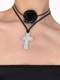 The choker trend is making a comeback and we’re here for it. Featuring a stunning black rose pendant hand strung alongside black leather cord, the 'CHLOE' is bound to have all eyes on you. Wear on its own or stack with our 'ISABEL' choker to easily dress up any look! Made with a black acrylic flower pendant, black leather cord, and 18K gold clasp and chain. 12" inches in length + 3" extension chain. Handmade with love in Los Angeles. Hammered Cross Necklace, Cord Choker, Multi Pendant, Acrylic Flower, Rose Pendant, 8 Ball, City Of Angels, Leather Chokers, Creating Jewelry