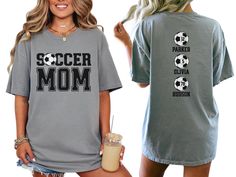 Celebrate your favorite soccer players with our custom soccer mom shirt, personalized with the players names and numbers on back. With short sleeves and a classic crewneck, this shirt makes the perfect gift for the soccer mom or mama who loves to show her support on game day at the soccer fields, making her feel like a varsity soccer super fan. COMFORT COLORS 1717 SHIRT: Unisex 100% US cotton - ethically grown and harvested Pre-Shrunk Fabric Relaxed Fit - Size up for a trendy oversized look Seam Soccer Tshirt, Soccer Stuff, Soccer Mom Shirt, Soccer Gifts, Soccer Shirt, Soccer Mom, Soccer Shirts, Mama Shirt, Mom Shirt