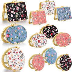 six different colored flowered purses with gold frame and metal clasps on each side